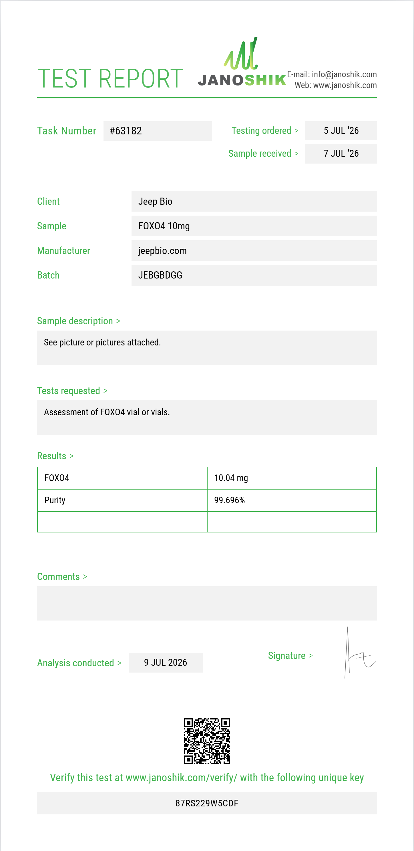 FOXO4 Purity (HPLC) report by Janoshik Analytical