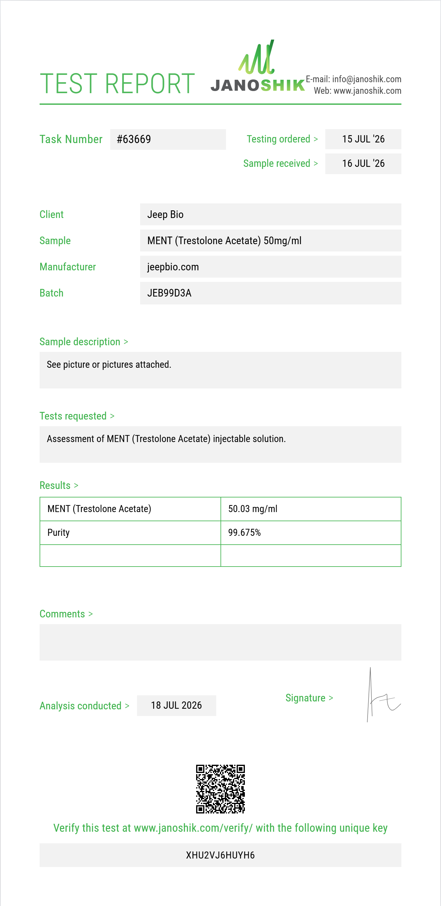 MENT (Trestolone Acetate) Purity (HPLC) report by Janoshik Analytical