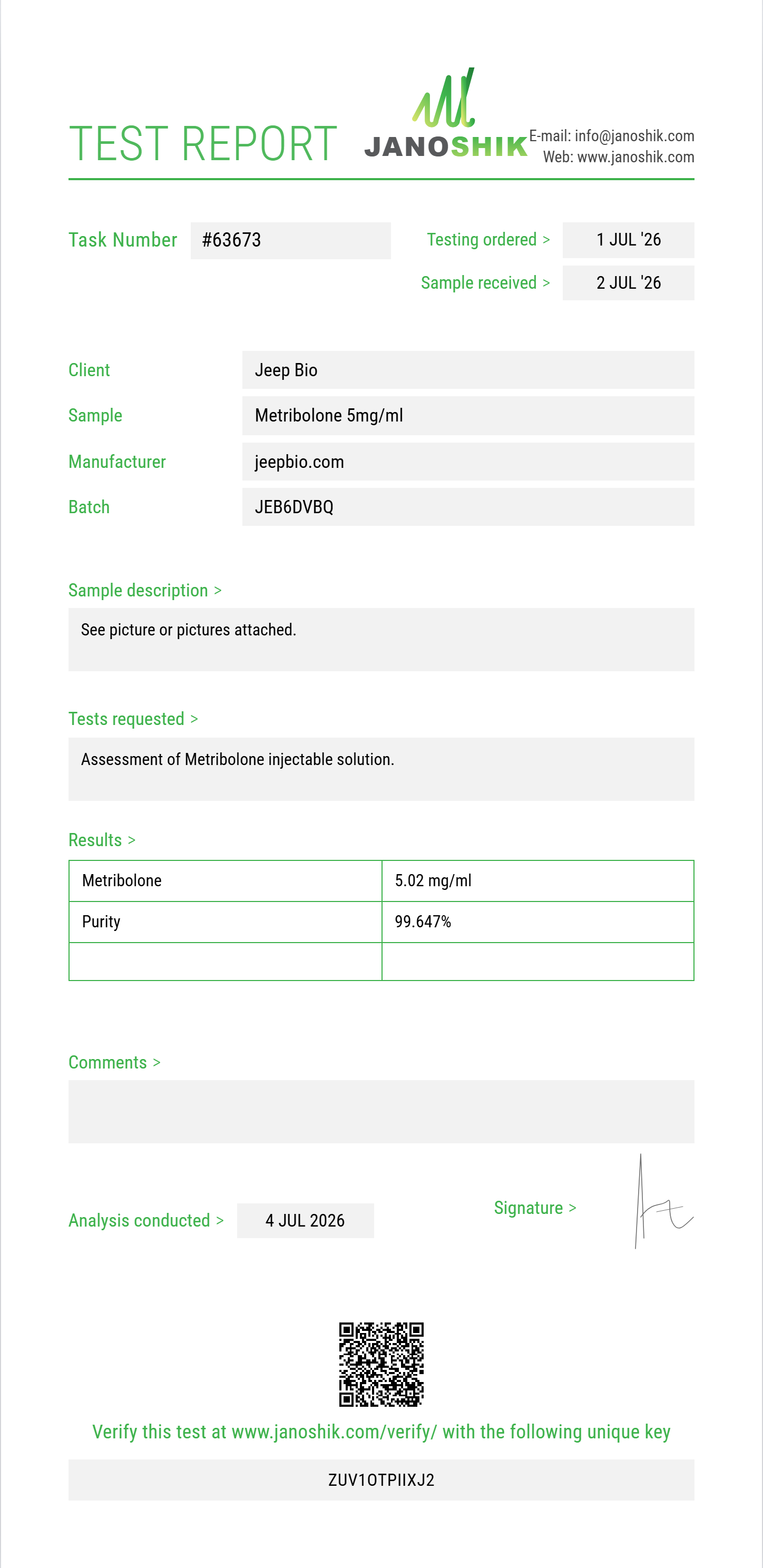 Metribolone Purity (HPLC) report by Janoshik Analytical