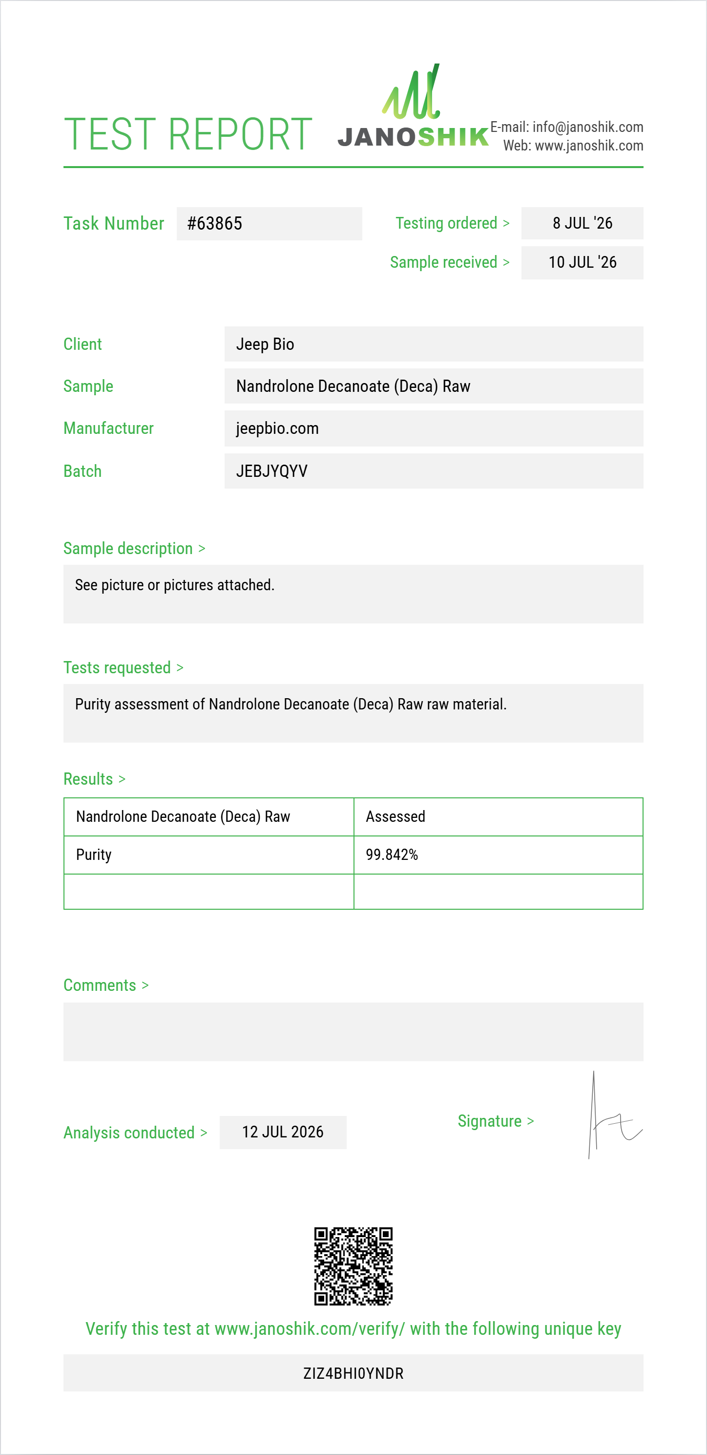 Nandrolone Decanoate (Deca) Raw Purity (HPLC) report by Janoshik Analytical