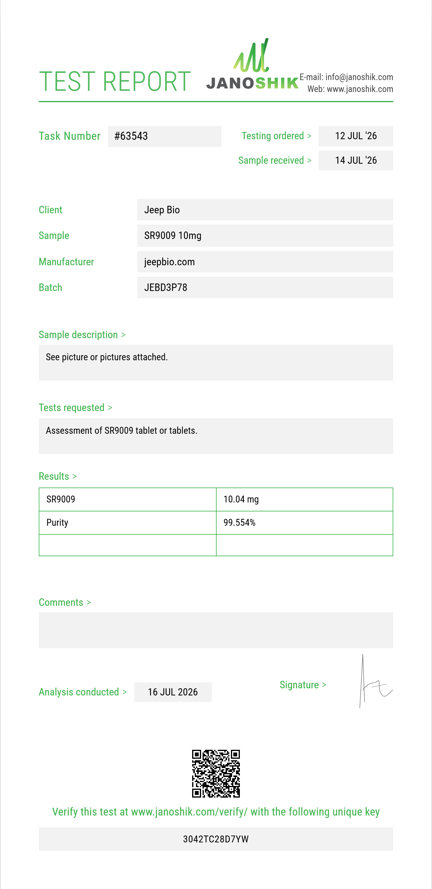 SR9009 Purity (HPLC) report by Janoshik Analytical