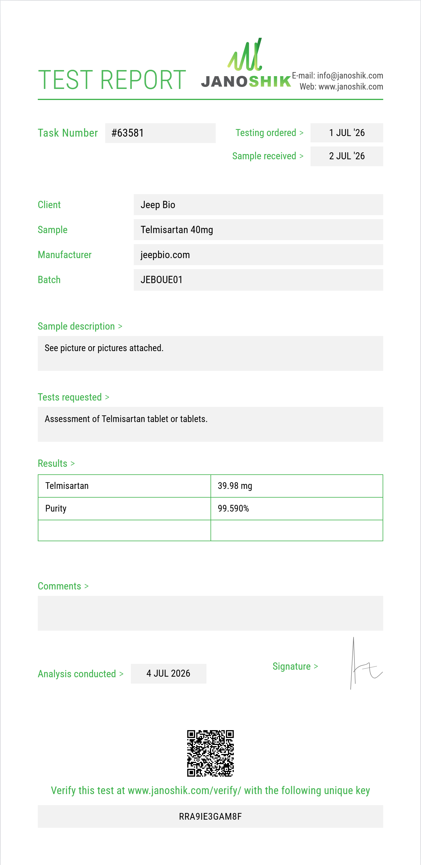 Telmisartan Purity (HPLC) report by Janoshik Analytical
