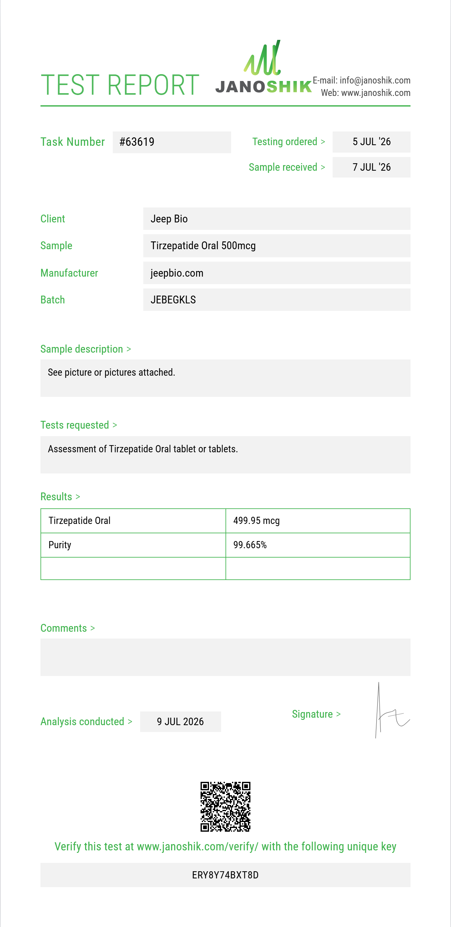 Tirzepatide Oral Purity (HPLC) report by Janoshik Analytical
