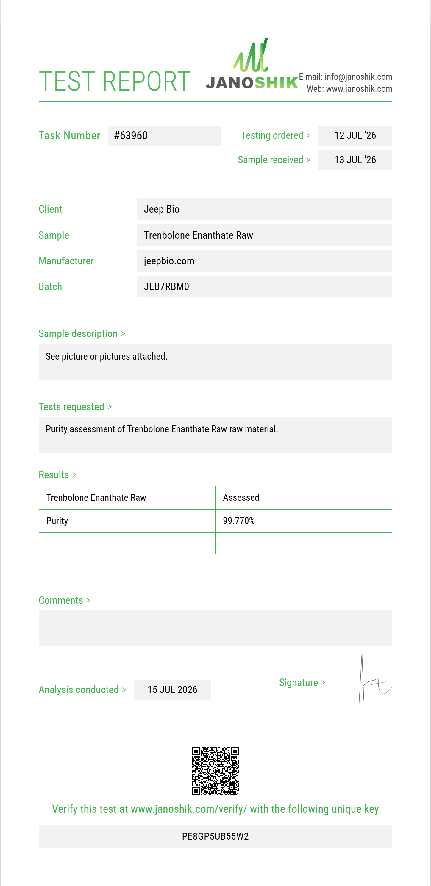 Trenbolone Enanthate Raw Purity (HPLC) report by Janoshik Analytical