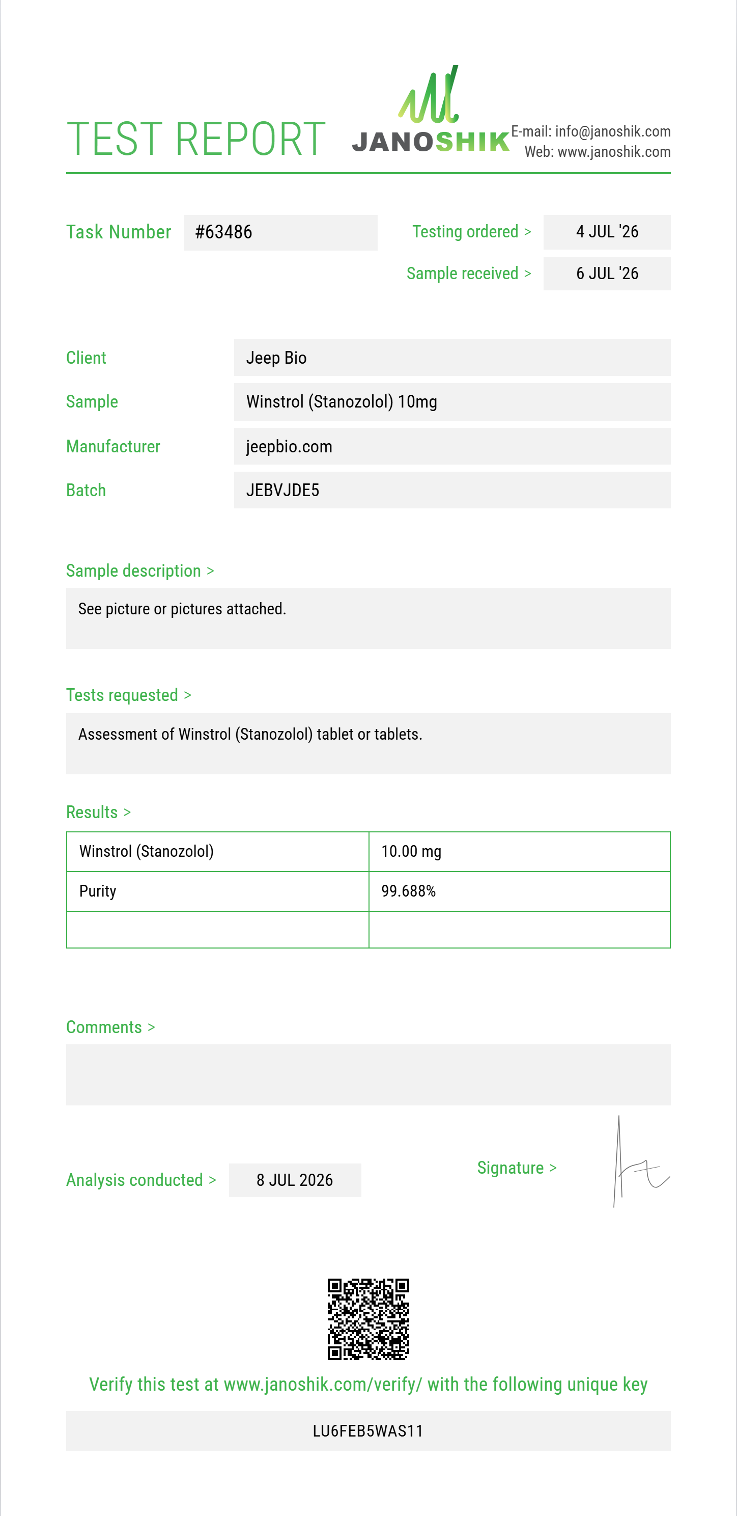 Winstrol (Stanozolol) Purity (HPLC) report by Janoshik Analytical
