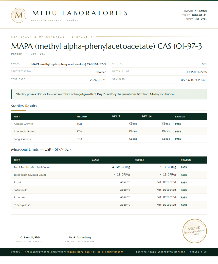 MAPA (methyl alpha-phenylacetoacetate) CAS 101-97-3 Sterility report by Medu Laboratories
