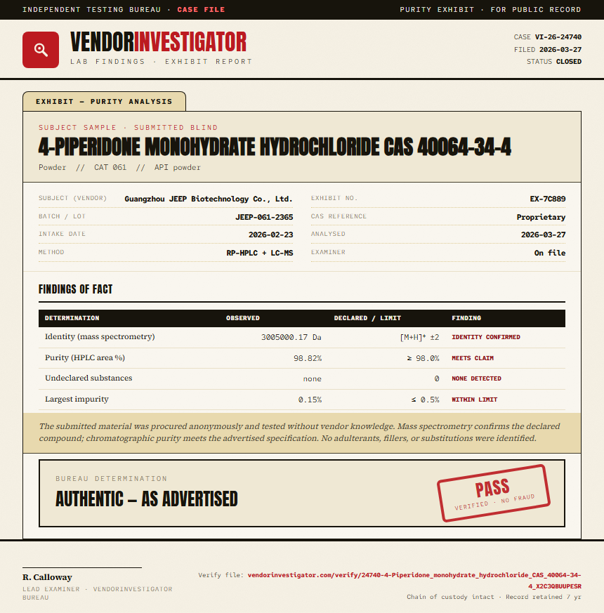 4-Piperidone monohydrate hydrochloride CAS 40064-34-4 Purity (HPLC) report by VendorInvestigator