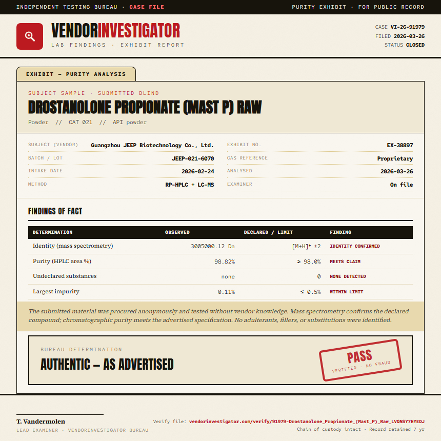 Drostanolone Propionate (Mast P) Raw Purity (HPLC) report by VendorInvestigator
