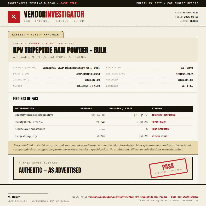 KPV Tripeptide Raw Powder - Bulk Purity (HPLC) report by VendorInvestigator