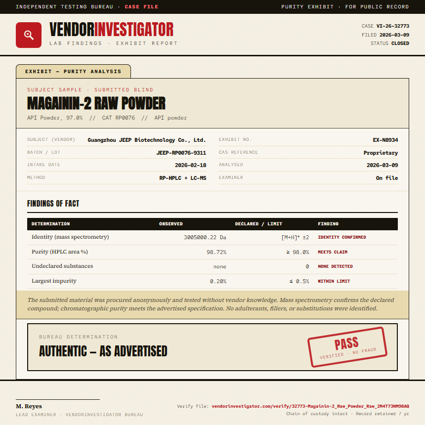 Magainin-2 Raw Powder Purity (HPLC) report by VendorInvestigator