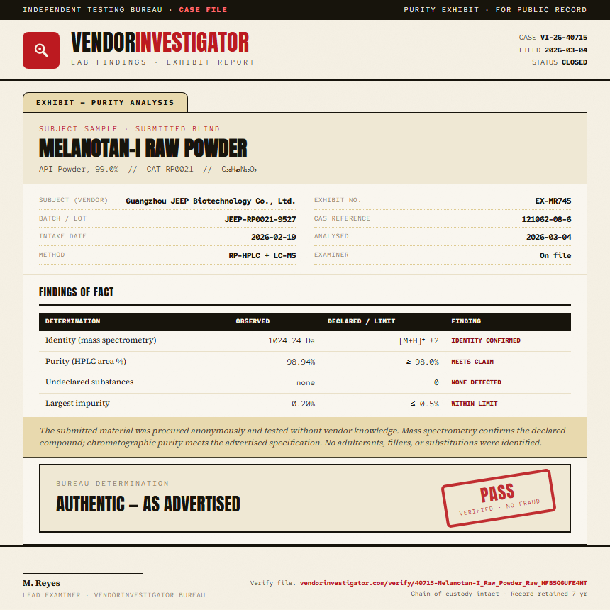 Melanotan-I Raw Powder Purity (HPLC) report by VendorInvestigator