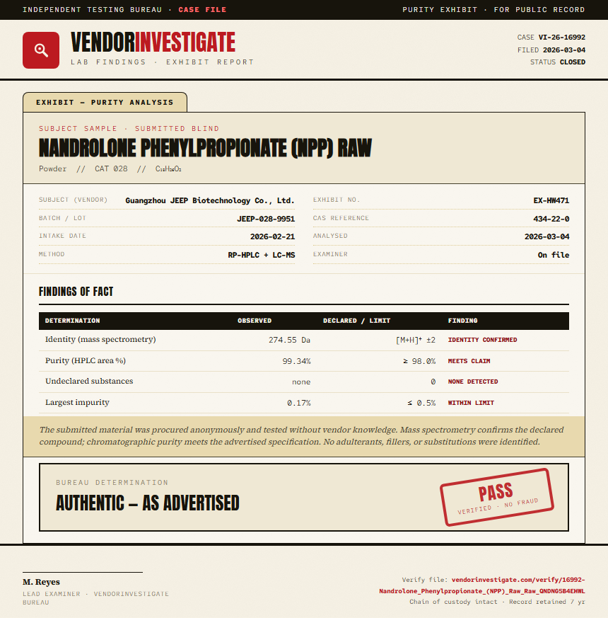 Nandrolone Phenylpropionate (NPP) Raw Purity (HPLC) report by VendorInvestigate