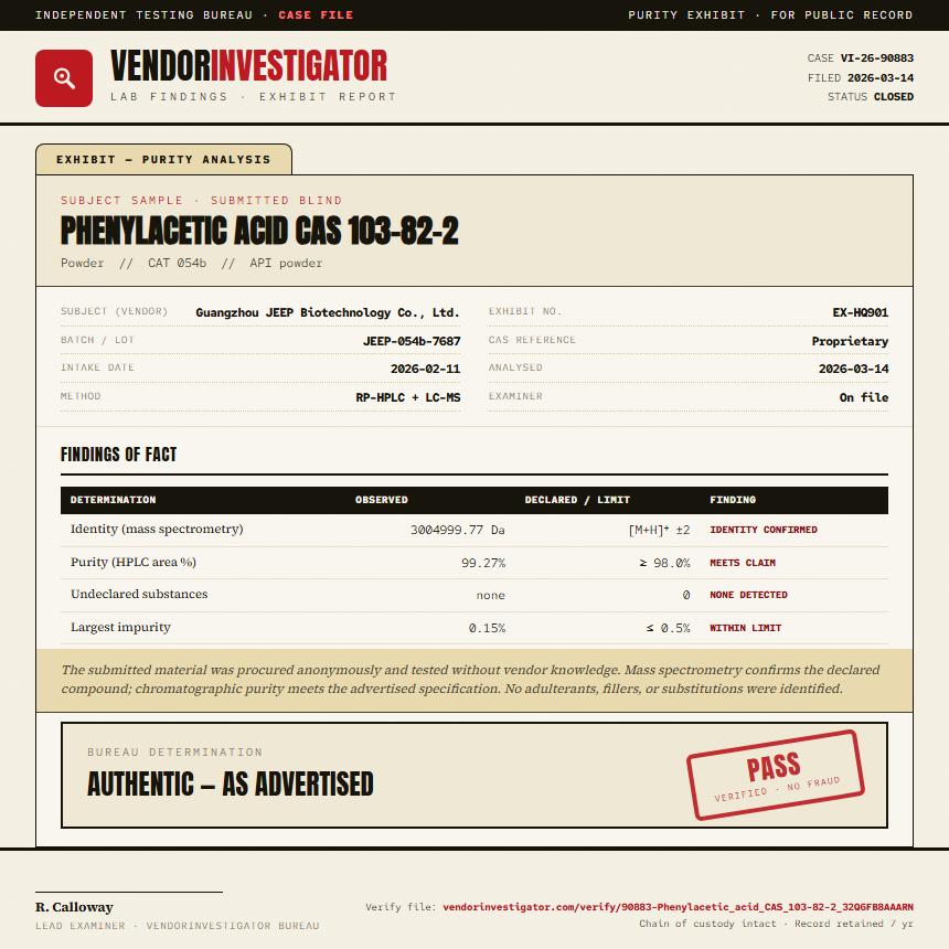 Phenylacetic acid CAS 103-82-2 Purity (HPLC) report by VendorInvestigator