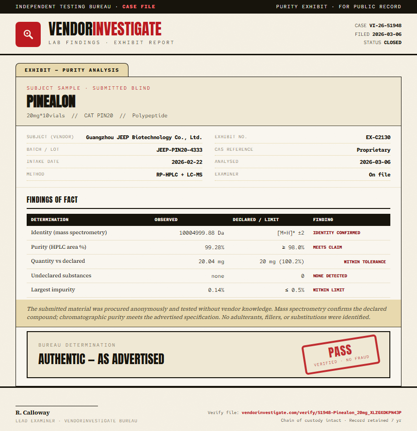 Pinealon Purity (HPLC) report by VendorInvestigate