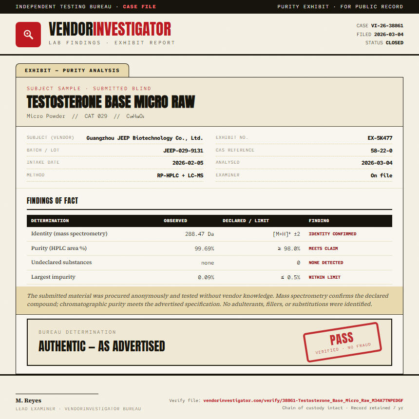 Testosterone Base Micro Raw Purity (HPLC) report by VendorInvestigator