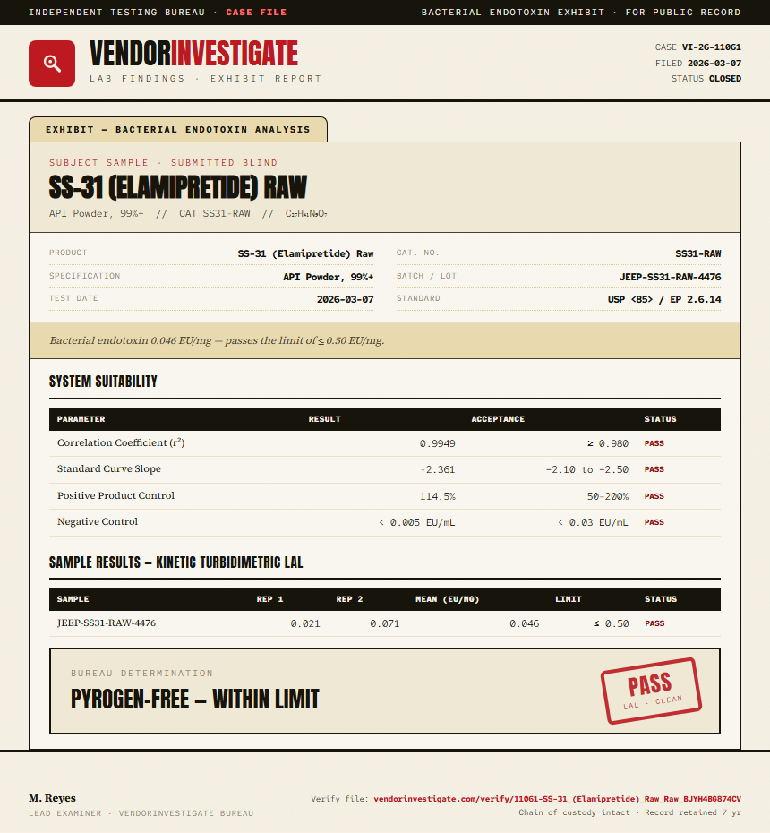 SS-31 (Elamipretide) Raw Endotoxin report by VendorInvestigate